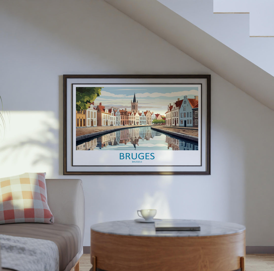 Bruges Belgium Landscape Travel Poster Scenic Canal City Wall Art Medieval Architecture Print Europe Decor Romantic Bruges Artwork
