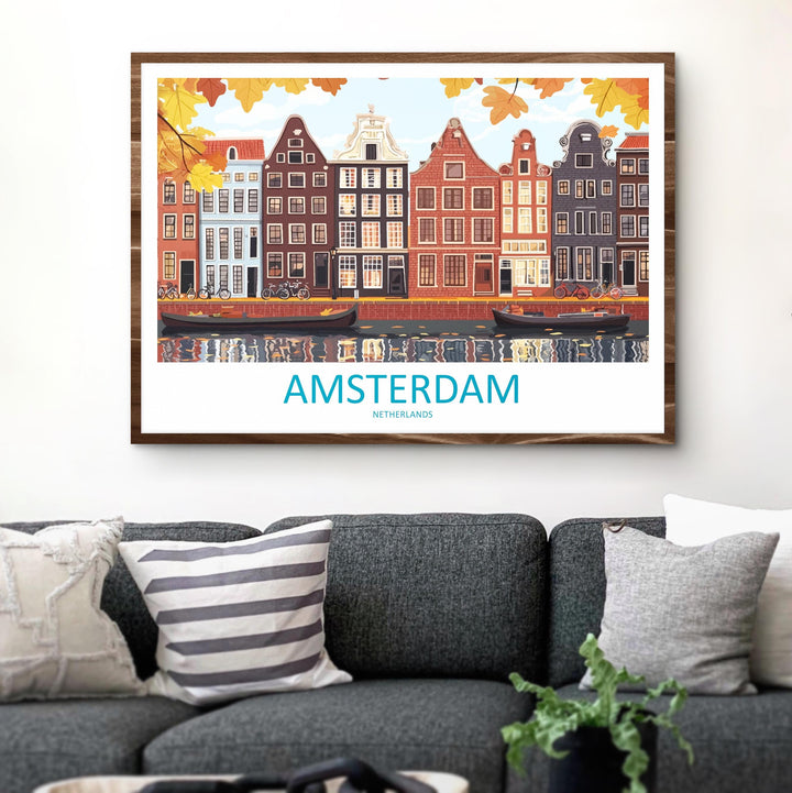 Amsterdam Netherlands Landscape Travel Poster Scenic Canal City Wall Art Dutch Architecture Print Europe Decor Charming Amsterdam Artwork