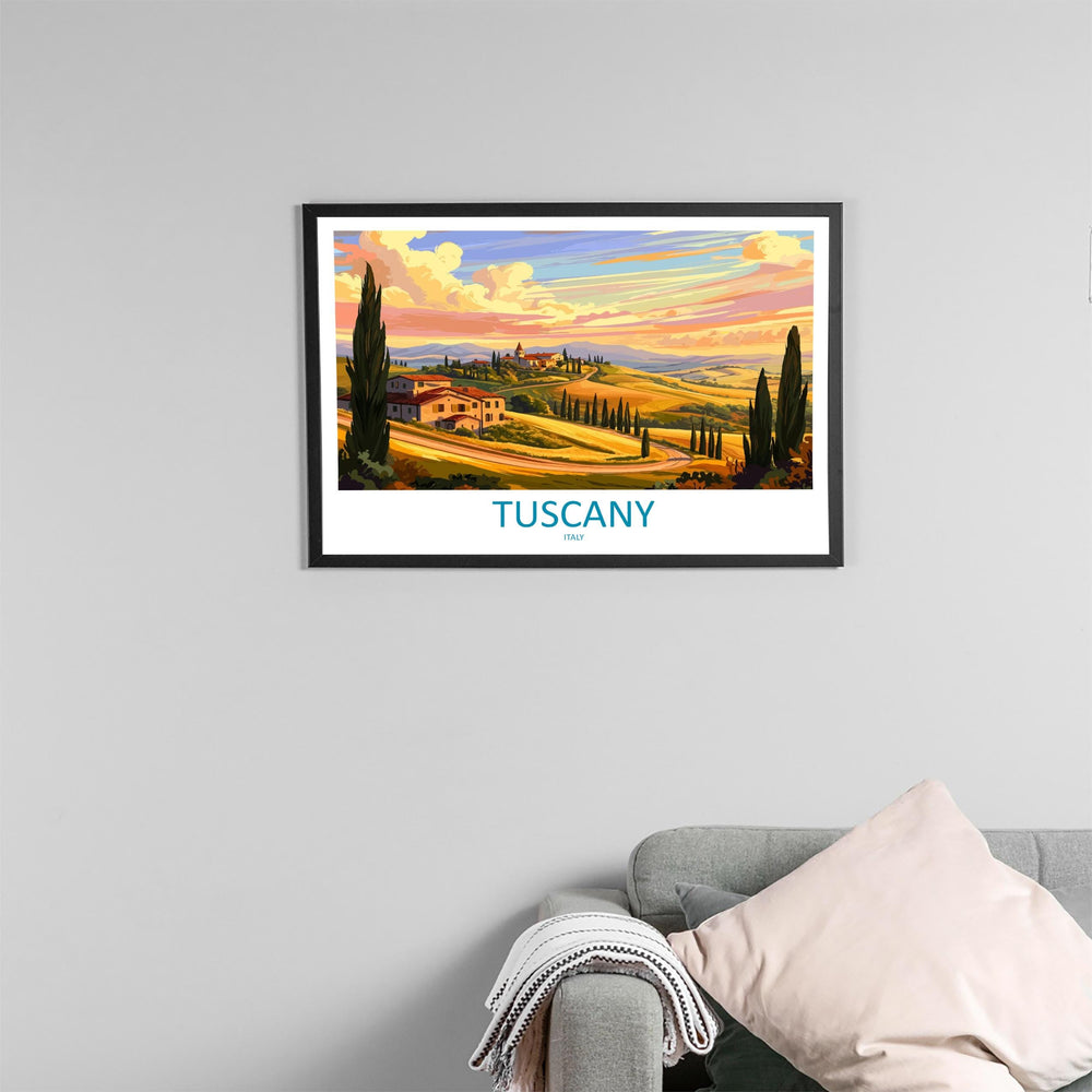 Tuscany Italy Landscape Travel Poster Scenic Countryside Wall Art Rolling Hills Architecture Print Europe Decor Tuscan Vineyard Artwork