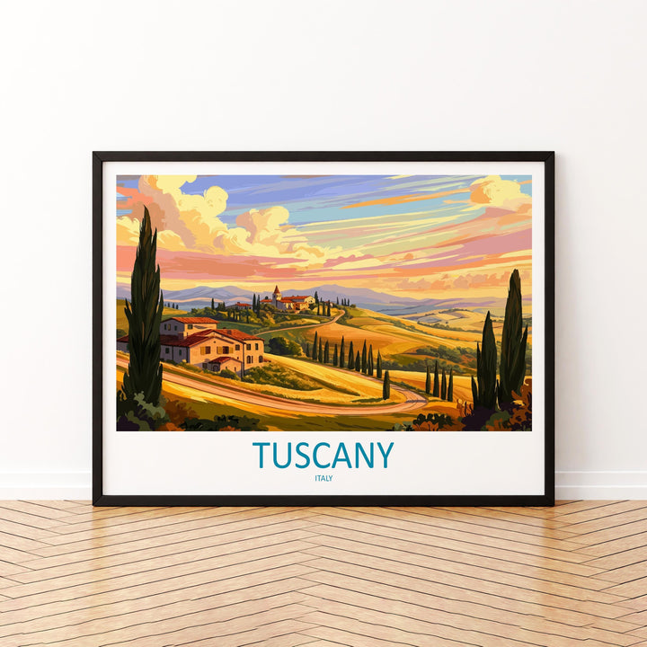 Tuscany Italy Landscape Travel Poster Scenic Countryside Wall Art Rolling Hills Architecture Print Europe Decor Tuscan Vineyard Artwork