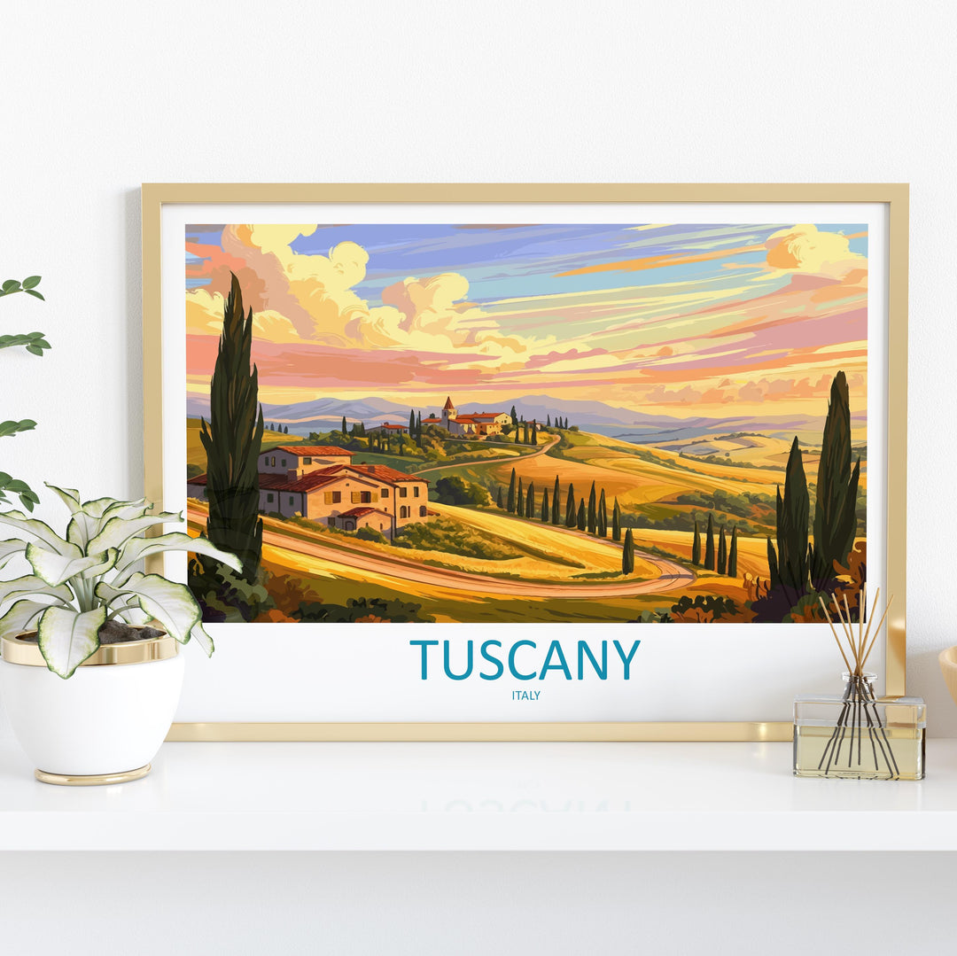 Tuscany Italy Landscape Travel Poster Scenic Countryside Wall Art Rolling Hills Architecture Print Europe Decor Tuscan Vineyard Artwork