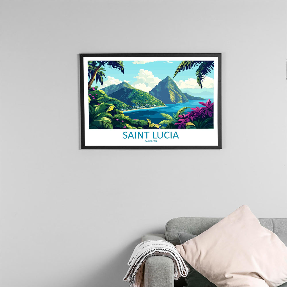 Saint Lucia Landscape Travel Poster Scenic Island Coast Wall Art Tropical Caribbean Print Pitons Mountains Decor Saint Lucia Artwork