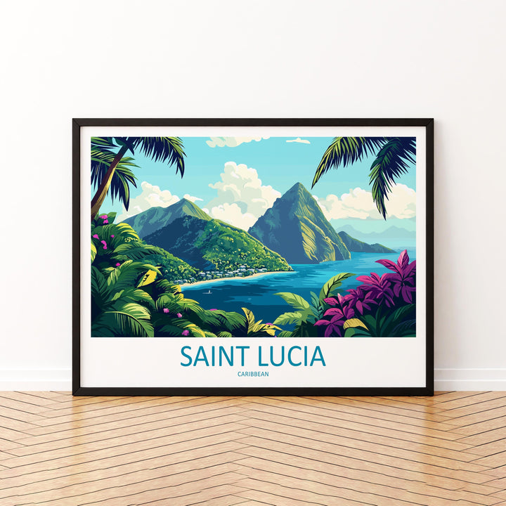 Saint Lucia Landscape Travel Poster Scenic Island Coast Wall Art Tropical Caribbean Print Pitons Mountains Decor Saint Lucia Artwork