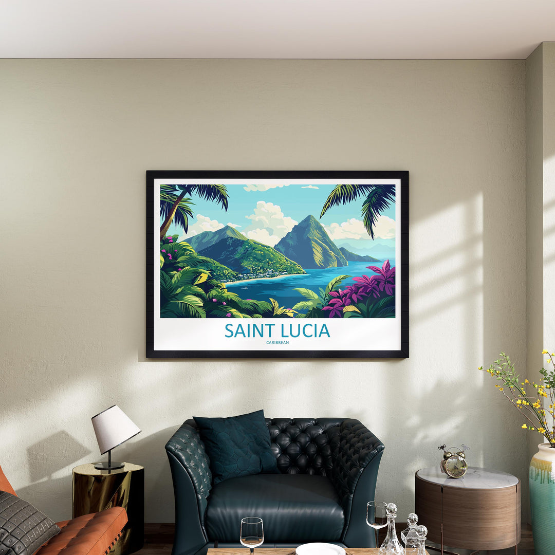 Saint Lucia Landscape Travel Poster Scenic Island Coast Wall Art Tropical Caribbean Print Pitons Mountains Decor Saint Lucia Artwork