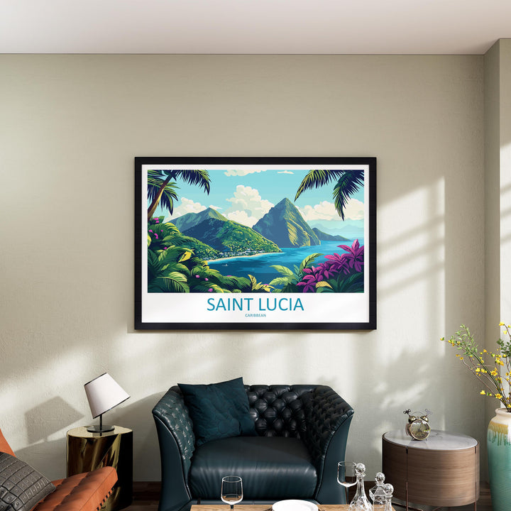 Saint Lucia Landscape Travel Poster Scenic Island Coast Wall Art Tropical Caribbean Print Pitons Mountains Decor Saint Lucia Artwork