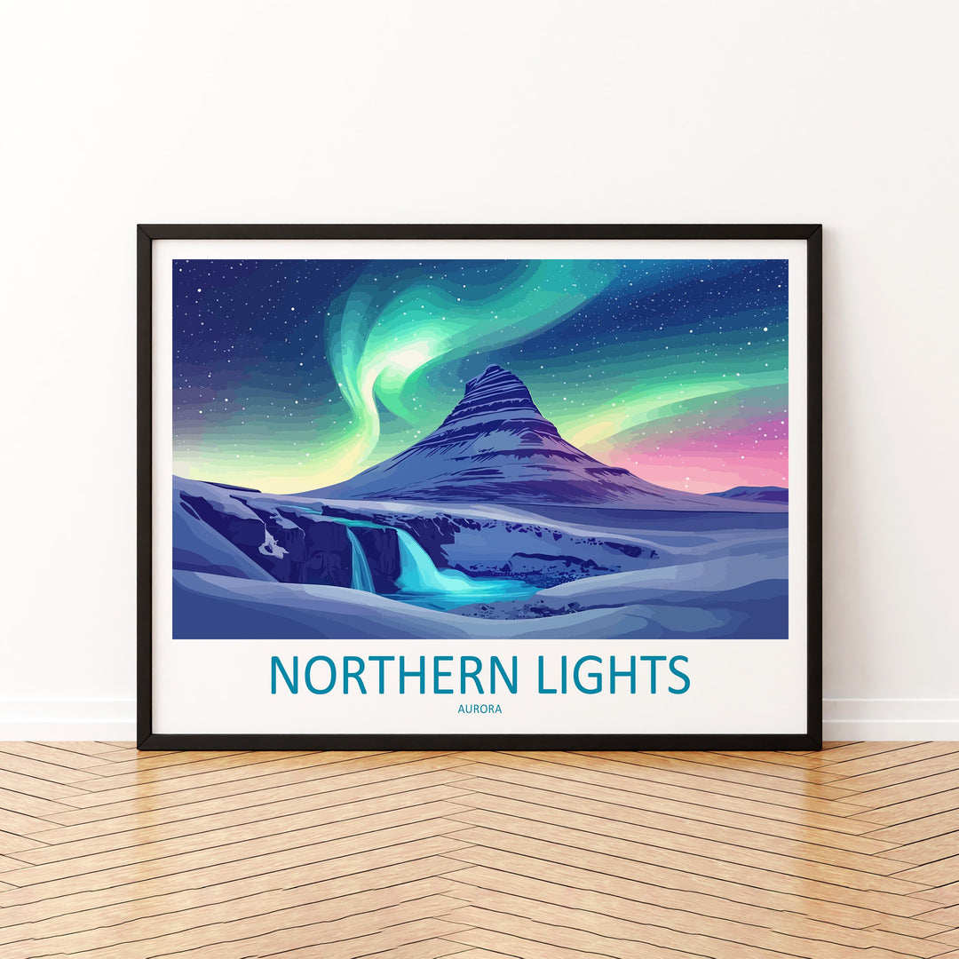 Northern Lights Landscape Travel Poster Scenic Aurora Borealis Sky Wall Art Arctic Night Print Nature Decor Vibrant Northern Lights Artwork