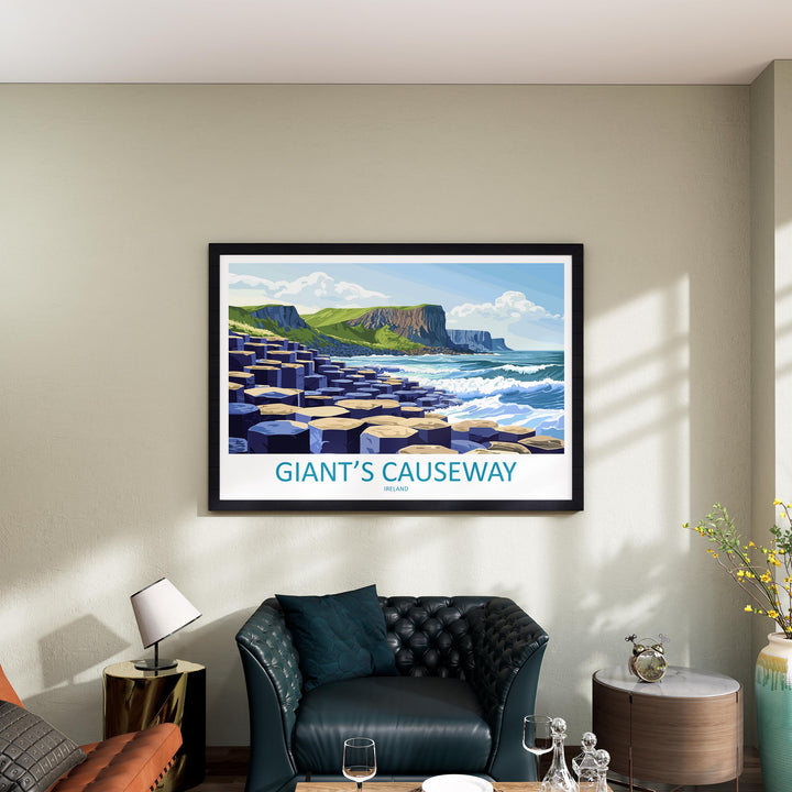 Giants Causeway Northern Ireland Landscape Travel Poster Scenic Coastline Wall Art Basalt Columns Print UK Decor Giants Causeway Artwork