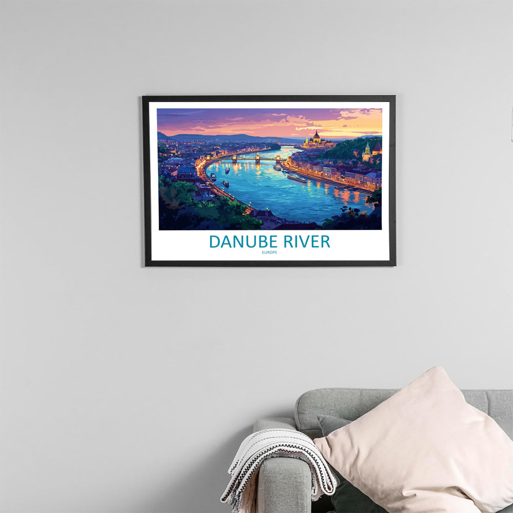 Danube River Landscape Travel Poster Scenic European Waterway Wall Art Iconic River Cities Print Europe Decor Danube River Artwork