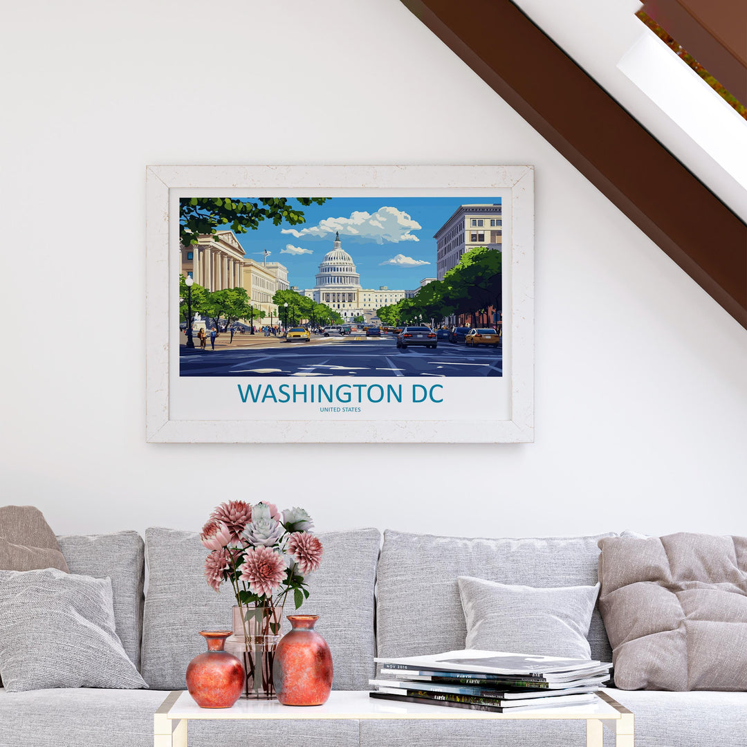 Washington DC USA Landscape Travel Poster Scenic City Monuments Wall Art Capitol Architecture Print American Decor Washington DC Artwork
