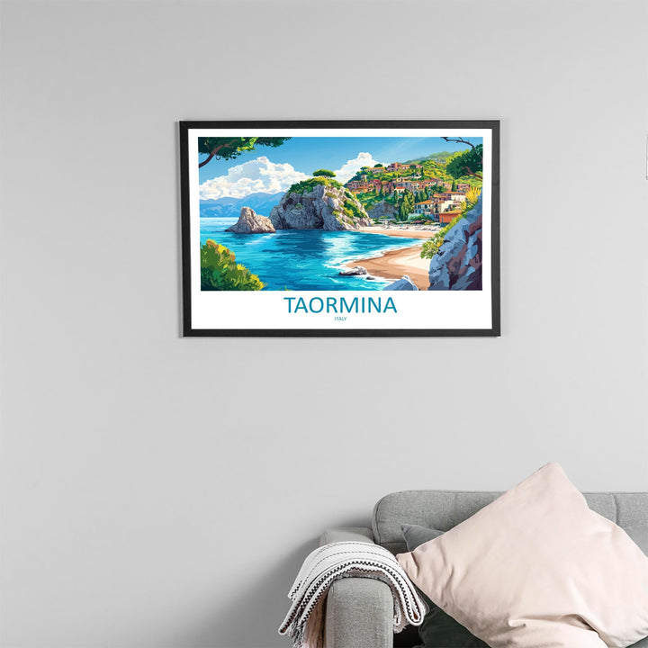 Taormina Italy Landscape Travel Poster Scenic Sicilian Coastline Wall Art Ancient Amphitheatre Print Europe Decor Taormina Artwork