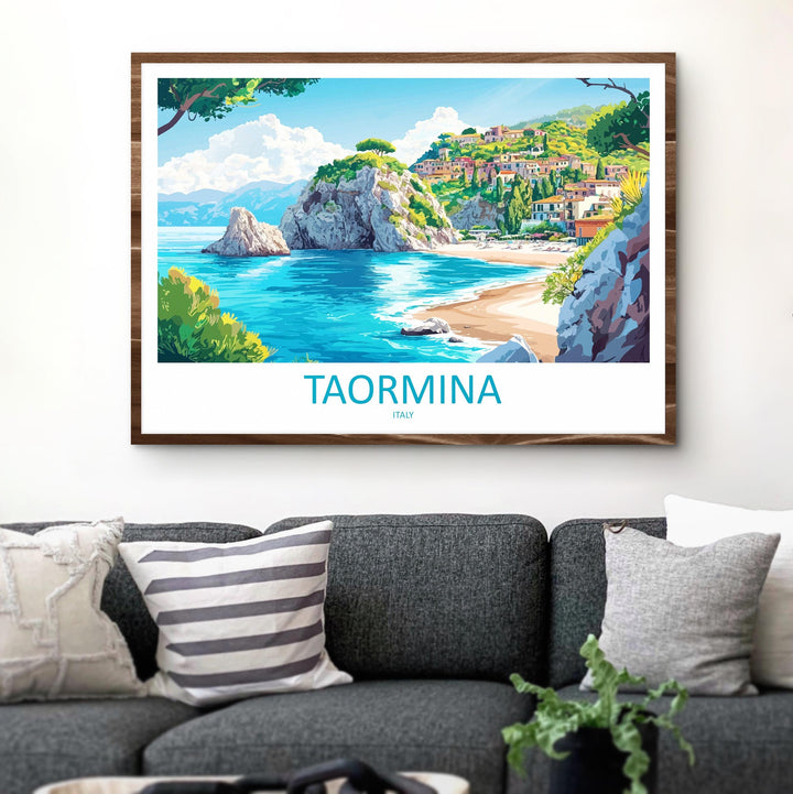 Taormina Italy Landscape Travel Poster Scenic Sicilian Coastline Wall Art Ancient Amphitheatre Print Europe Decor Taormina Artwork
