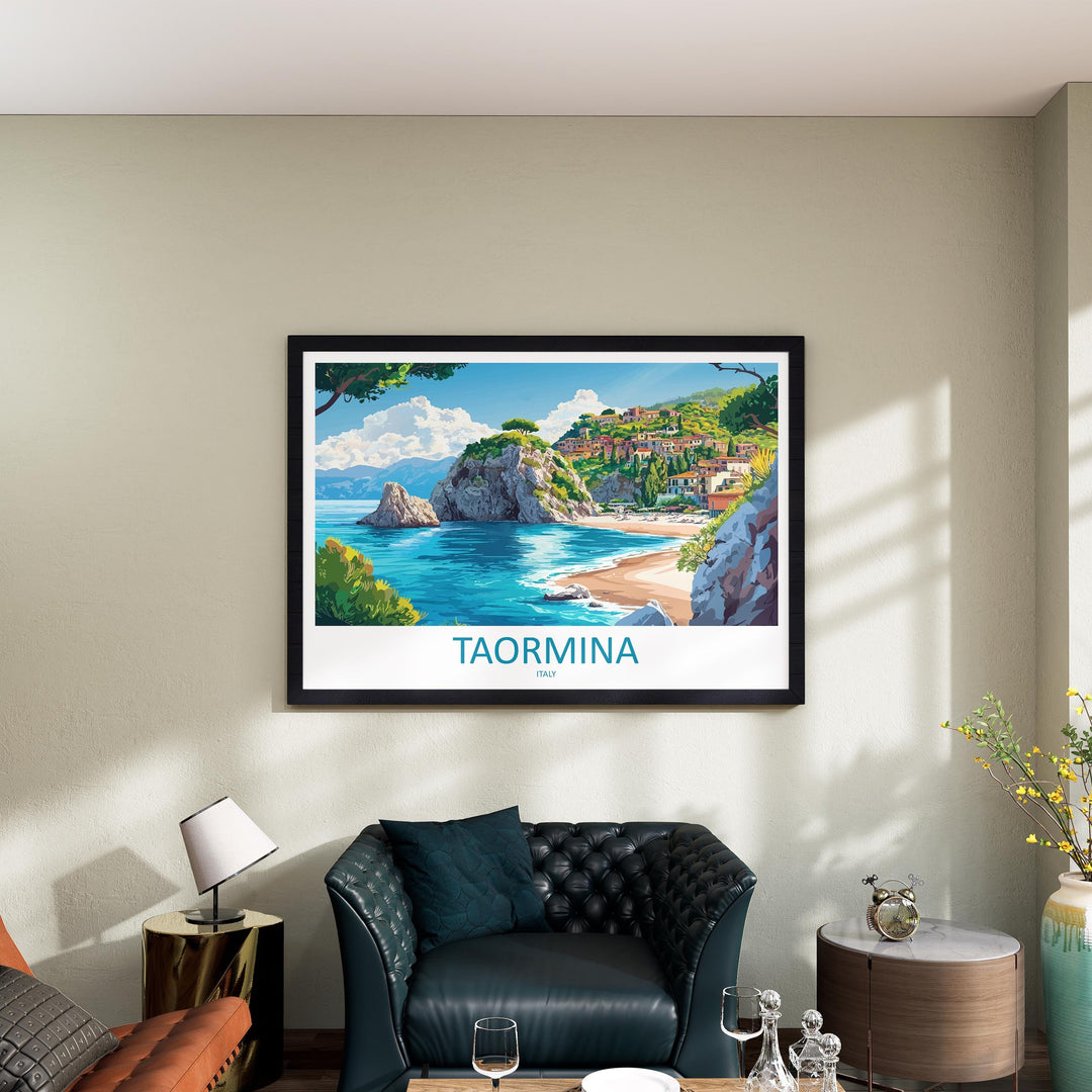 Taormina Italy Landscape Travel Poster Scenic Sicilian Coastline Wall Art Ancient Amphitheatre Print Europe Decor Taormina Artwork