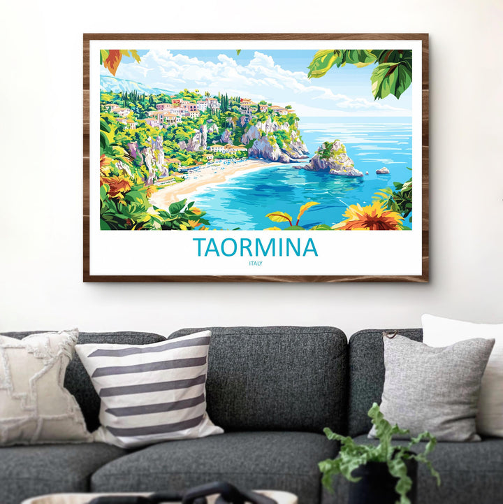 Taormina Italy Landscape Travel Poster Scenic Sicilian Coastline Wall Art Ancient Amphitheatre Print Europe Decor Taormina Artwork