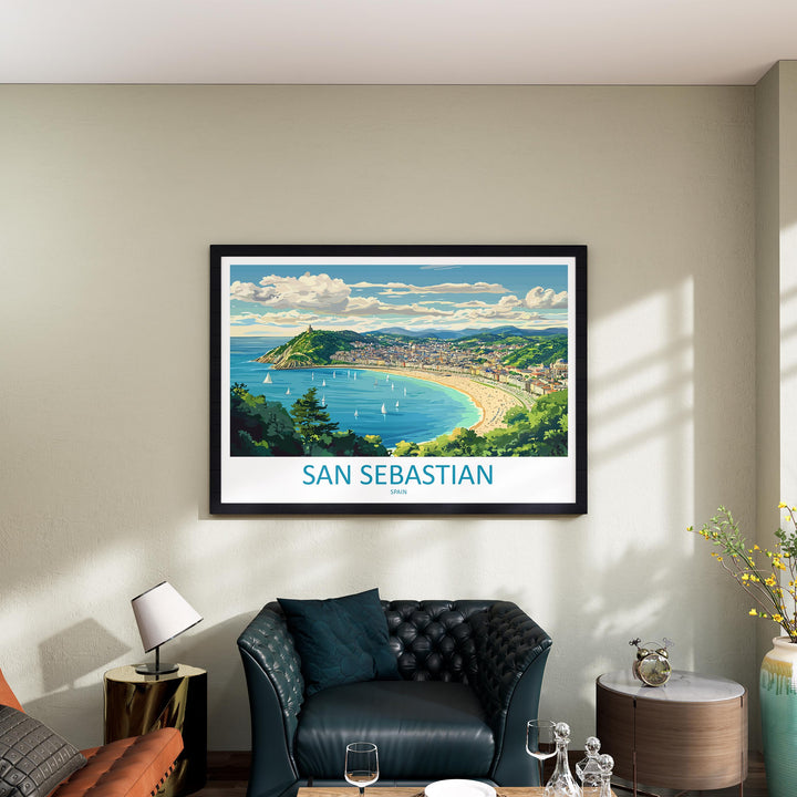 San Sebastian Spain Landscape Travel Poster Scenic Bay Coastline Wall Art Basque Beach Print Europe Decor La Concha San Sebastian Artwork