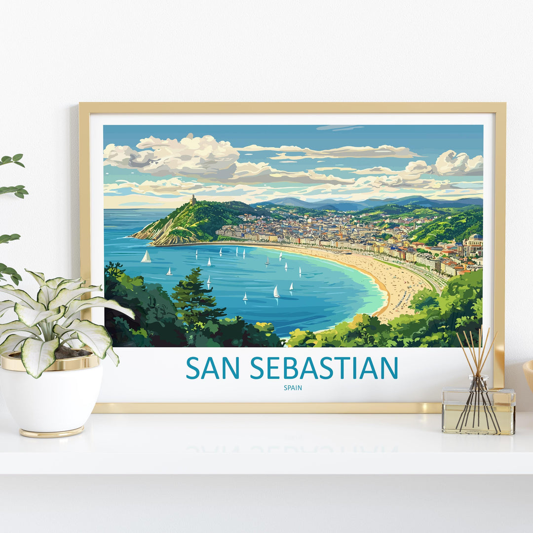 San Sebastian Spain Landscape Travel Poster Scenic Bay Coastline Wall Art Basque Beach Print Europe Decor La Concha San Sebastian Artwork