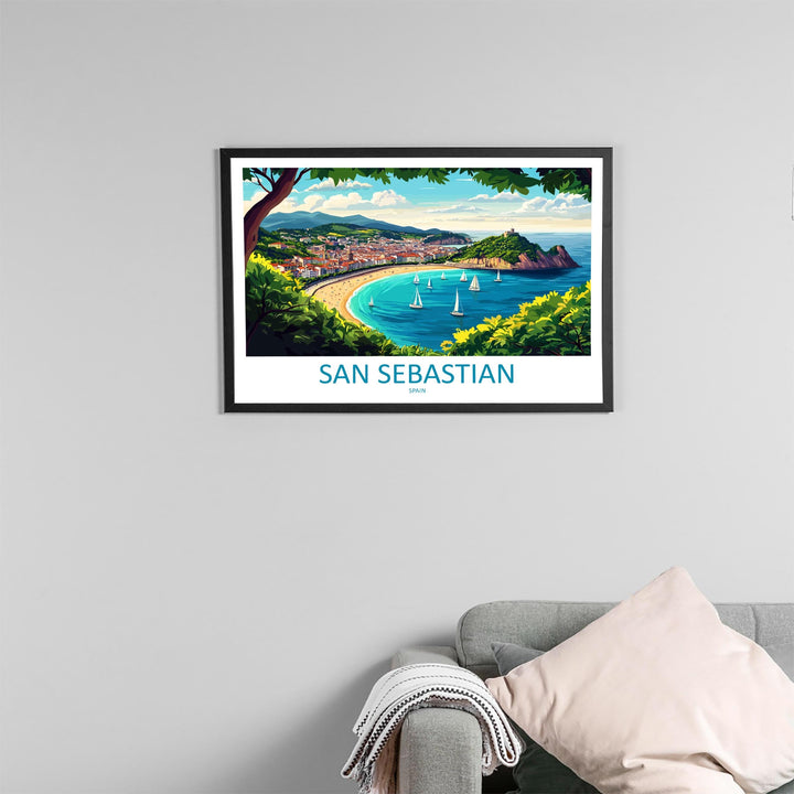San Sebastian Spain Landscape Travel Poster Scenic Bay Coastline Wall Art Basque Beach Print Europe Decor La Concha San Sebastian Artwork