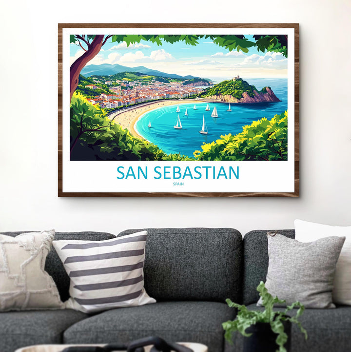 San Sebastian Spain Landscape Travel Poster Scenic Bay Coastline Wall Art Basque Beach Print Europe Decor La Concha San Sebastian Artwork