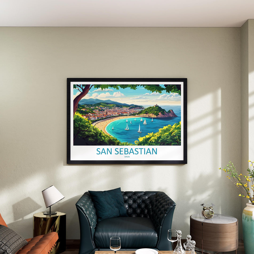 San Sebastian Spain Landscape Travel Poster Scenic Bay Coastline Wall Art Basque Beach Print Europe Decor La Concha San Sebastian Artwork