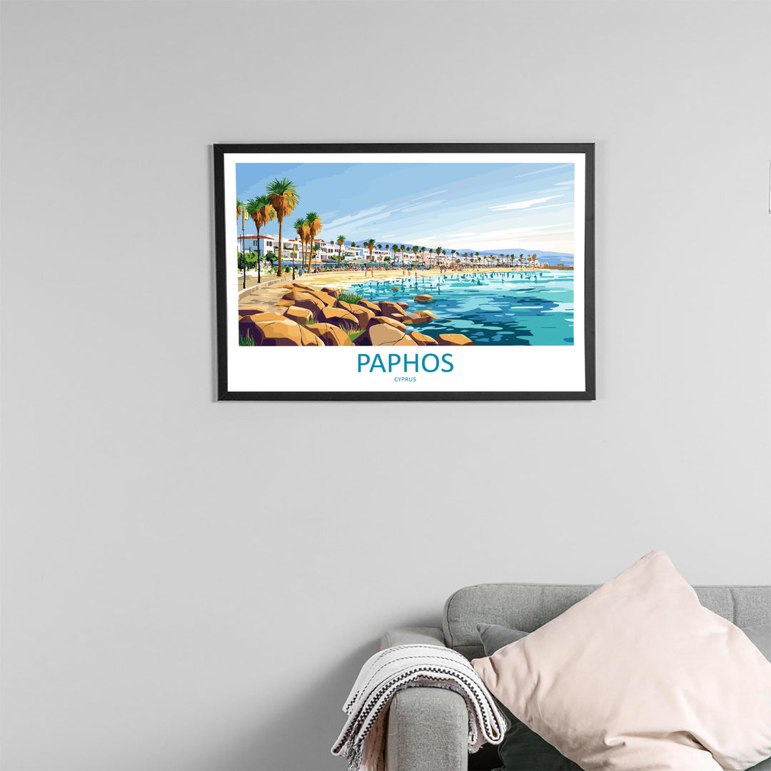 Paphos Cyprus Landscape Travel Poster Scenic Mediterranean Coastline Wall Art Ancient Ruins Print Europe Decor Beautiful Paphos Artwork