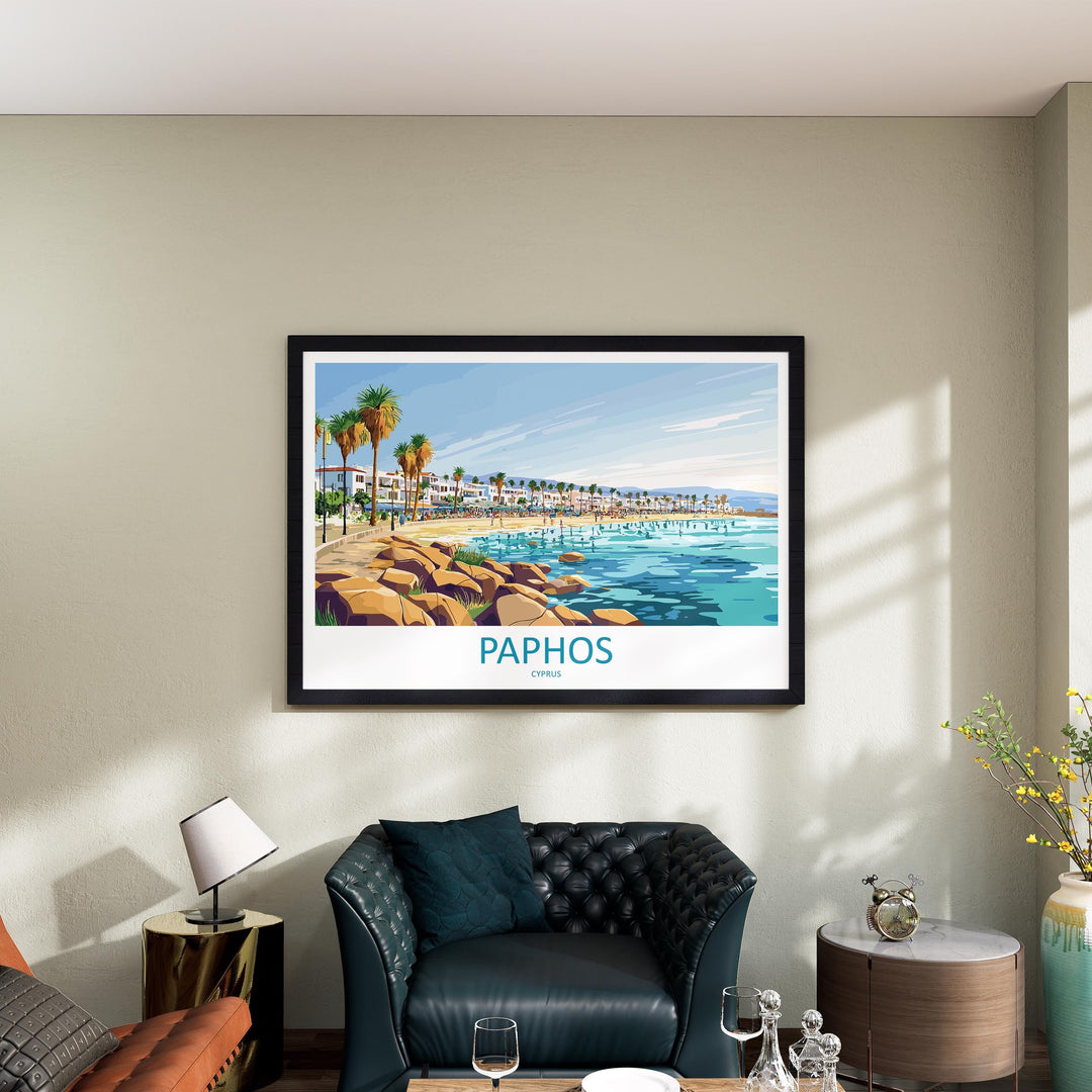Paphos Cyprus Landscape Travel Poster Scenic Mediterranean Coastline Wall Art Ancient Ruins Print Europe Decor Beautiful Paphos Artwork
