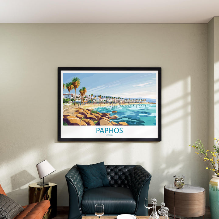 Paphos Cyprus Landscape Travel Poster Scenic Mediterranean Coastline Wall Art Ancient Ruins Print Europe Decor Beautiful Paphos Artwork