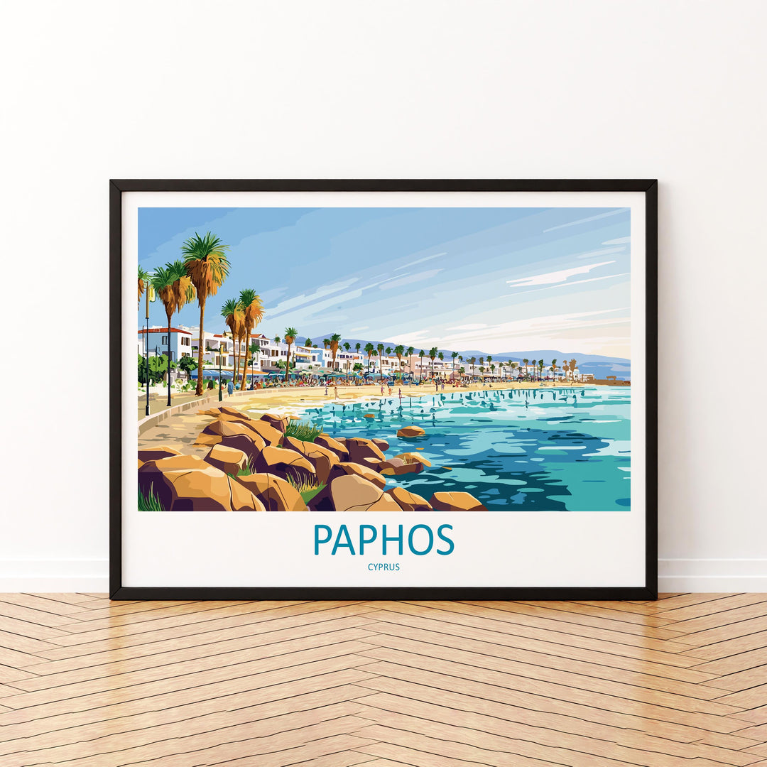Paphos Cyprus Landscape Travel Poster Scenic Mediterranean Coastline Wall Art Ancient Ruins Print Europe Decor Beautiful Paphos Artwork