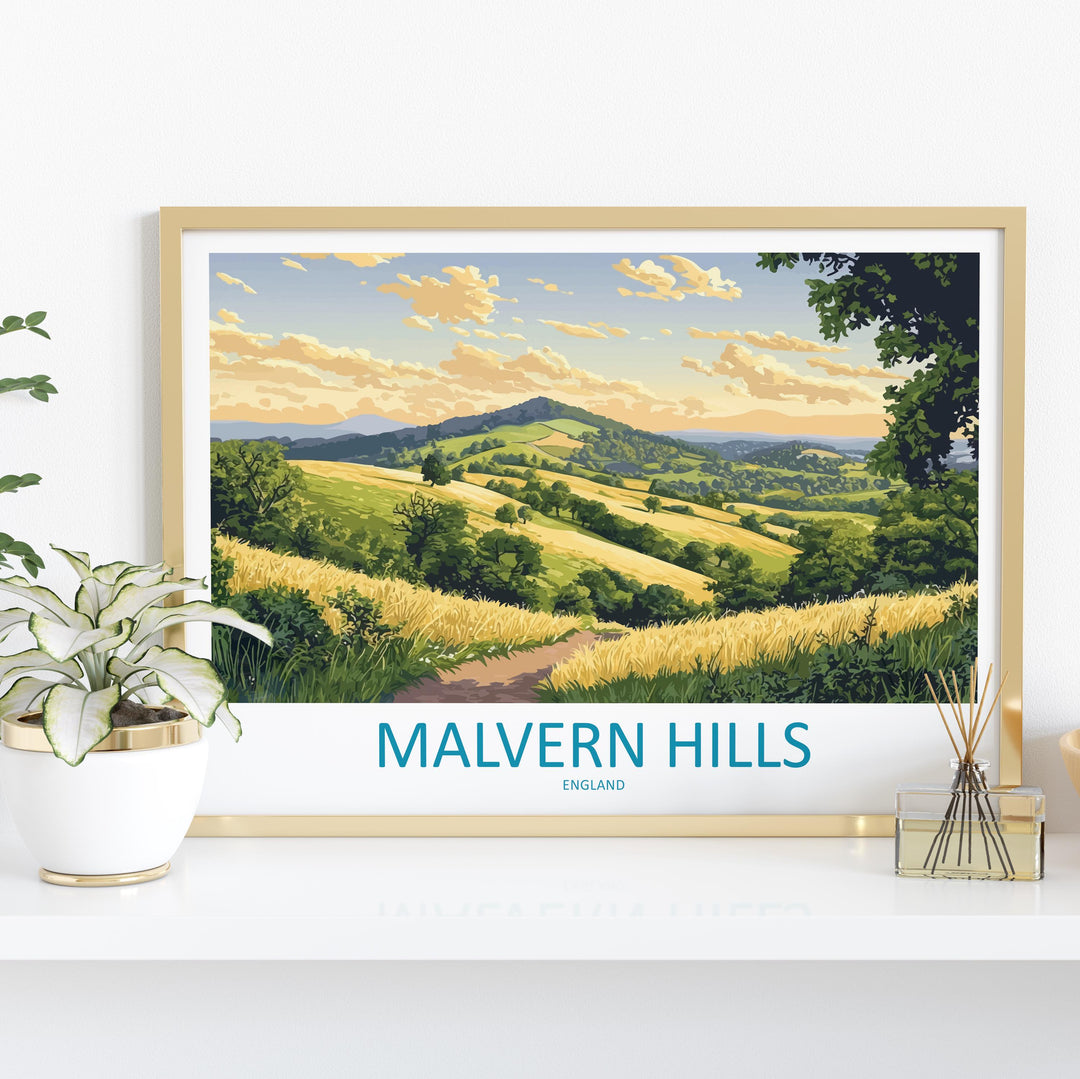 Malvern Hills England Landscape Travel Poster Scenic Countryside Wall Art Rolling Hills Print UK Nature Decor Malvern Hills Artwork