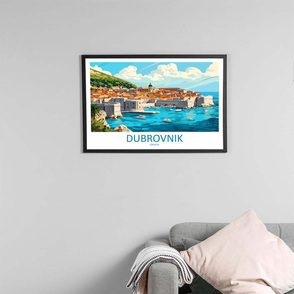Dubrovnik Croatia Landscape Travel Poster Scenic Old Town Coastline Wall Art Medieval Walls Print Europe Decor Dubrovnik Artwork