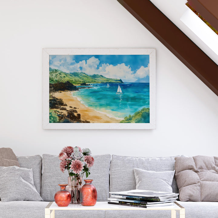 Waimea Beach Hawaii Watercolor Poster Waimea Travel Print Coastal Landscape Painting Tropical Wall Art Oahu Souvenir