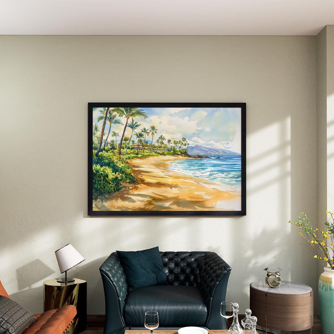 Wailea Beach Hawaii Watercolor Poster Wailea Travel Print Coastal Landscape Painting Tropical Wall Art Maui Souvenir