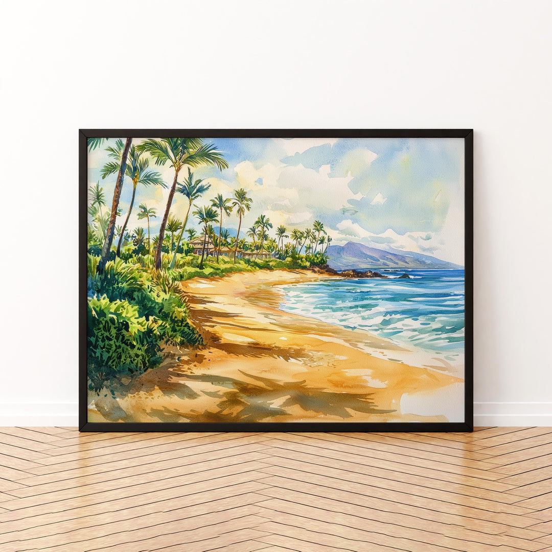 Wailea Beach Hawaii Watercolor Poster Wailea Travel Print Coastal Landscape Painting Tropical Wall Art Maui Souvenir