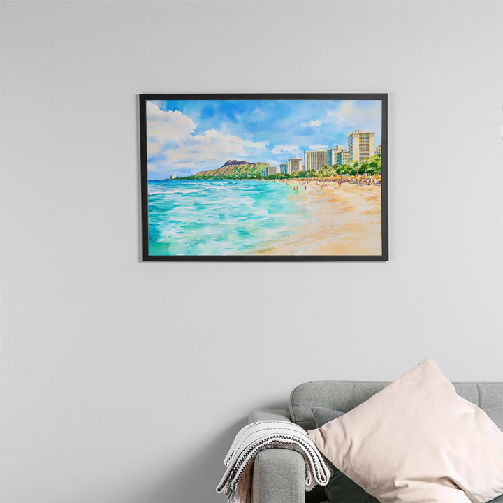 Waikiki Beach Hawaii Watercolor Poster Waikiki Travel Print Coastal Landscape Painting Tropical Wall Art Oahu Souvenir