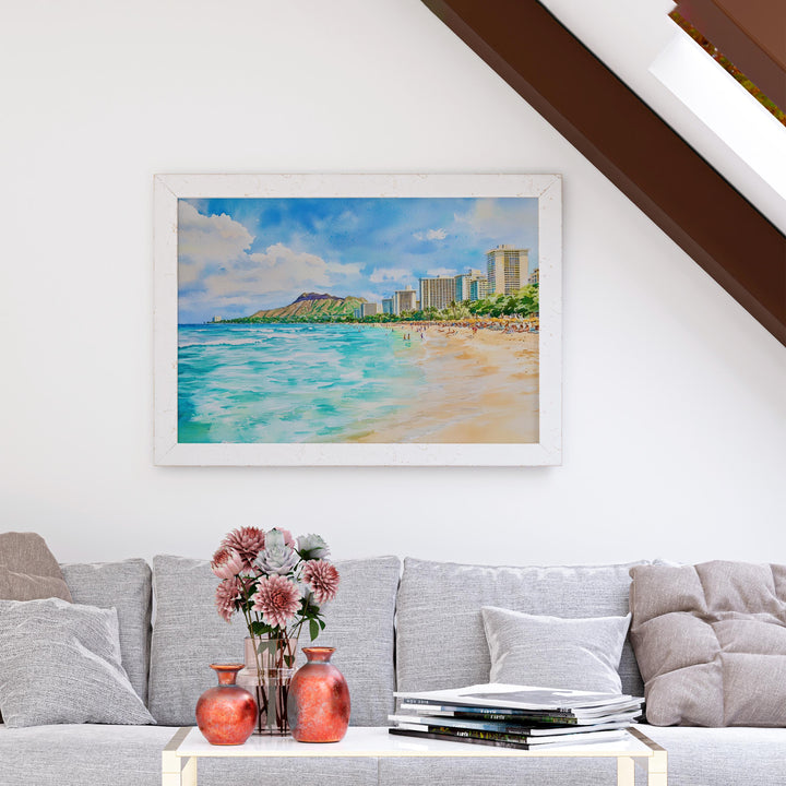 Waikiki Beach Hawaii Watercolor Poster Waikiki Travel Print Coastal Landscape Painting Tropical Wall Art Oahu Souvenir
