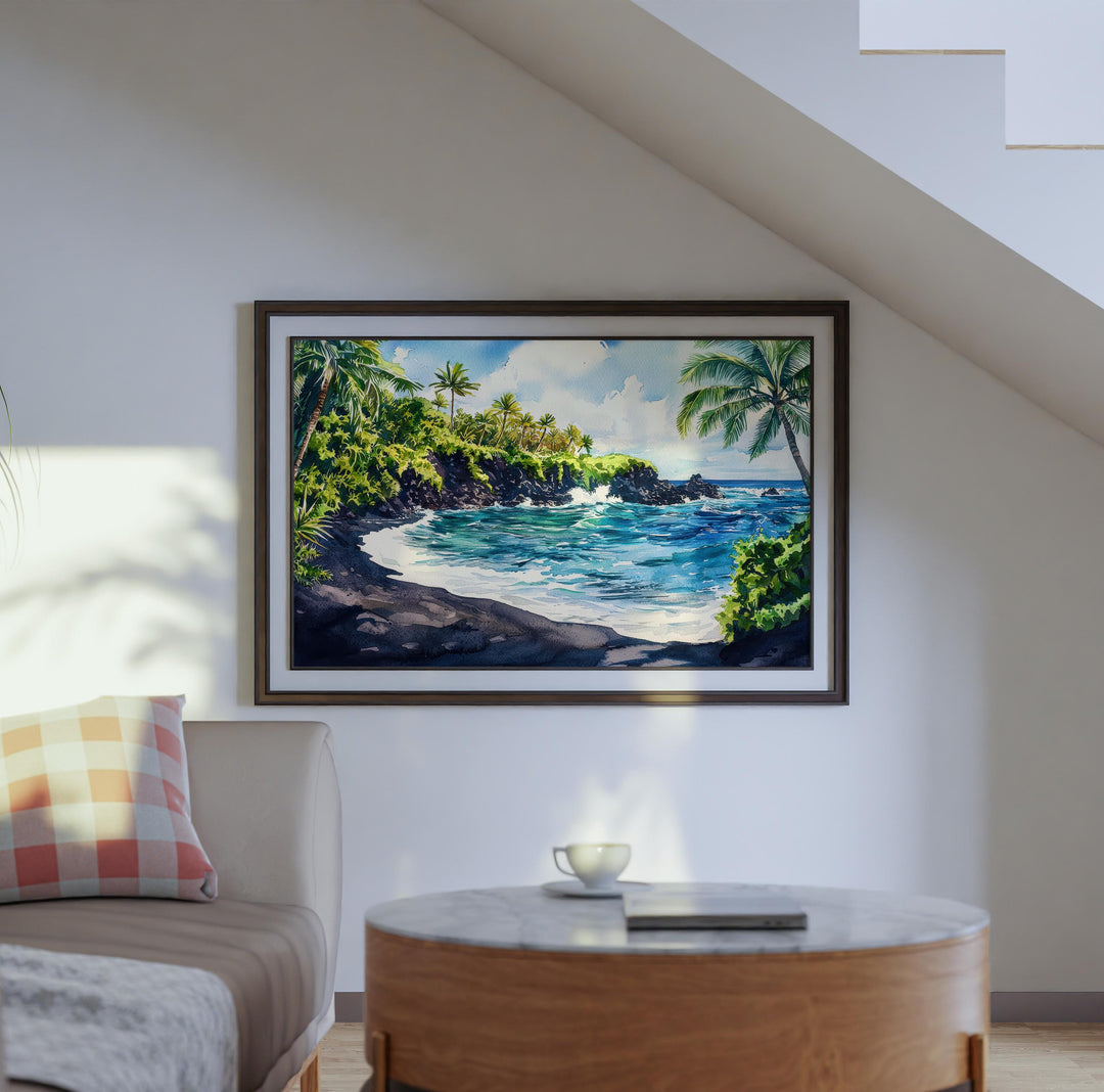 Waiʻānapanapa State Park Hawaii Watercolor Poster Maui Travel Print Landscape Painting Coastal Wall Art Tropical Souvenir
