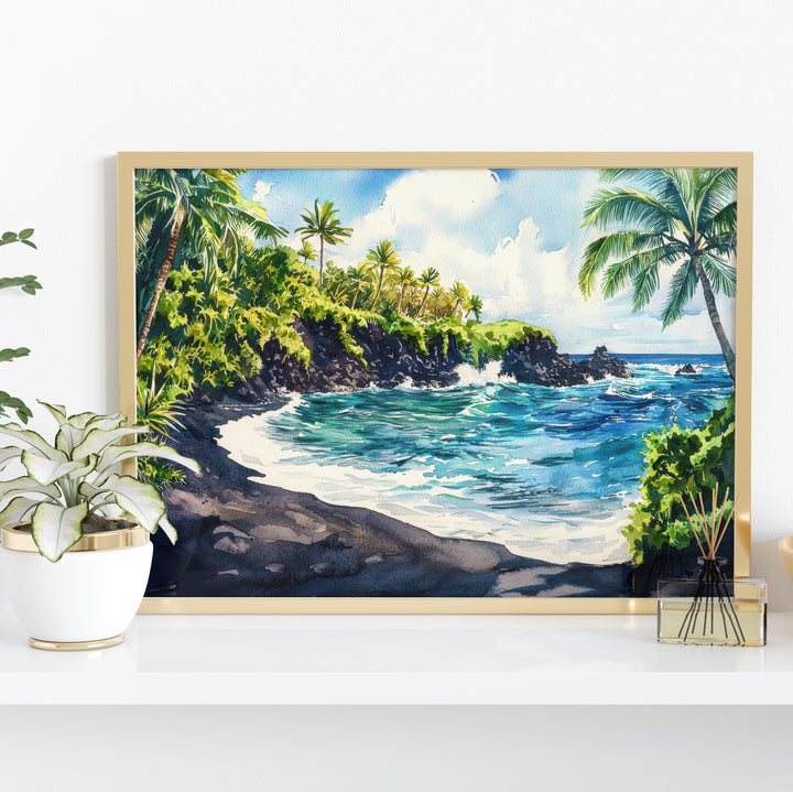 Waiʻānapanapa State Park Hawaii Watercolor Poster Maui Travel Print Landscape Painting Coastal Wall Art Tropical Souvenir