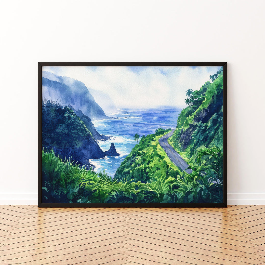 Road to Hana Hawaii Watercolor Poster Maui Travel Print Landscape Painting Tropical Wall Art Coastal Souvenir
