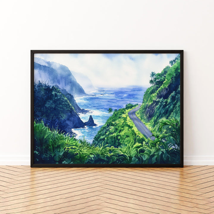 Road to Hana Hawaii Watercolor Poster Maui Travel Print Landscape Painting Tropical Wall Art Coastal Souvenir