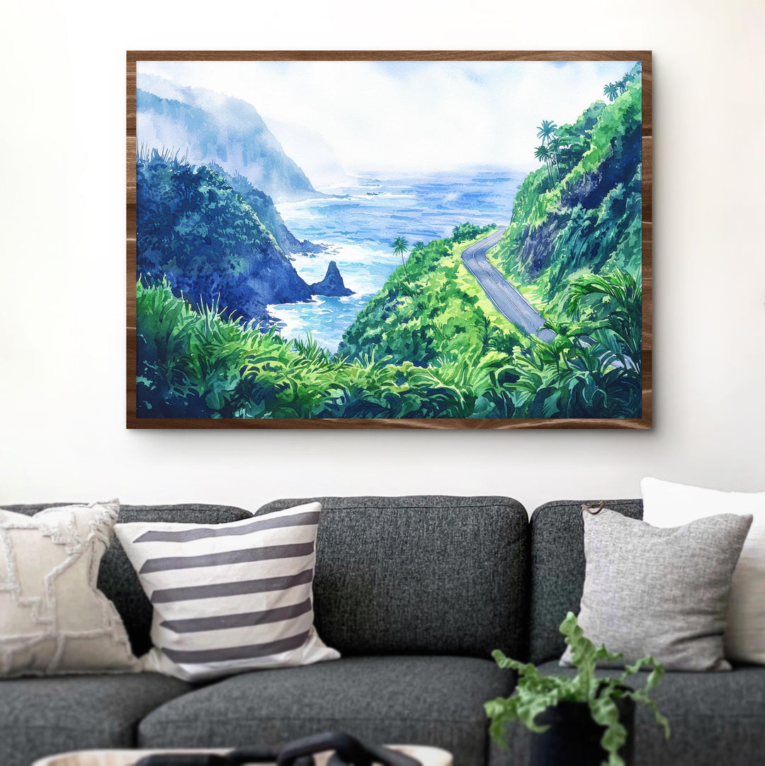 Road to Hana Hawaii Watercolor Poster Maui Travel Print Landscape Painting Tropical Wall Art Coastal Souvenir