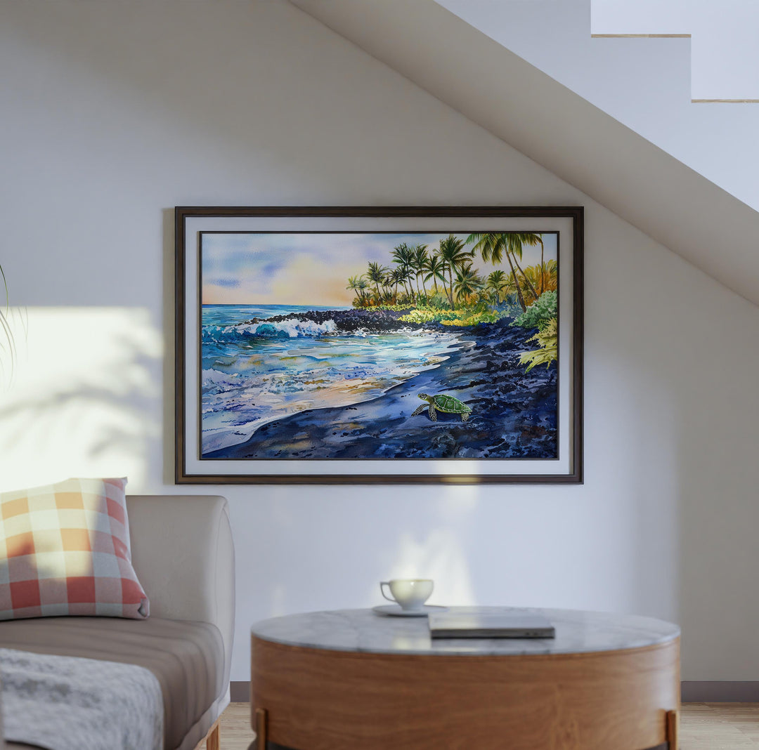 Punaluʻu Black Sand Beach Hawaii Watercolor Poster Big Island Travel Print Coastal Landscape Painting Tropical Souvenir