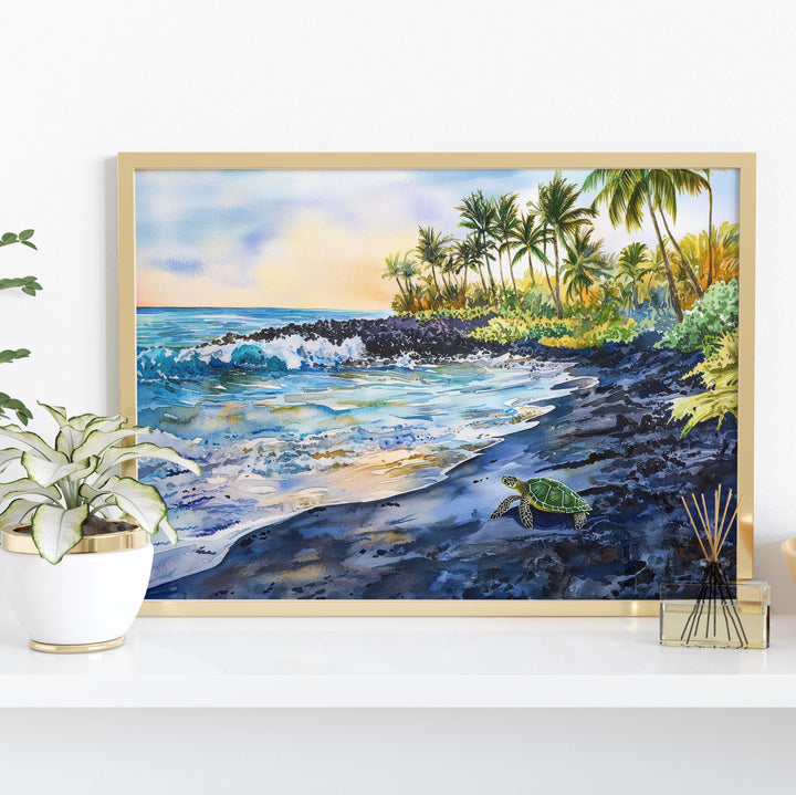 Punaluʻu Black Sand Beach Hawaii Watercolor Poster Big Island Travel Print Coastal Landscape Painting Tropical Souvenir