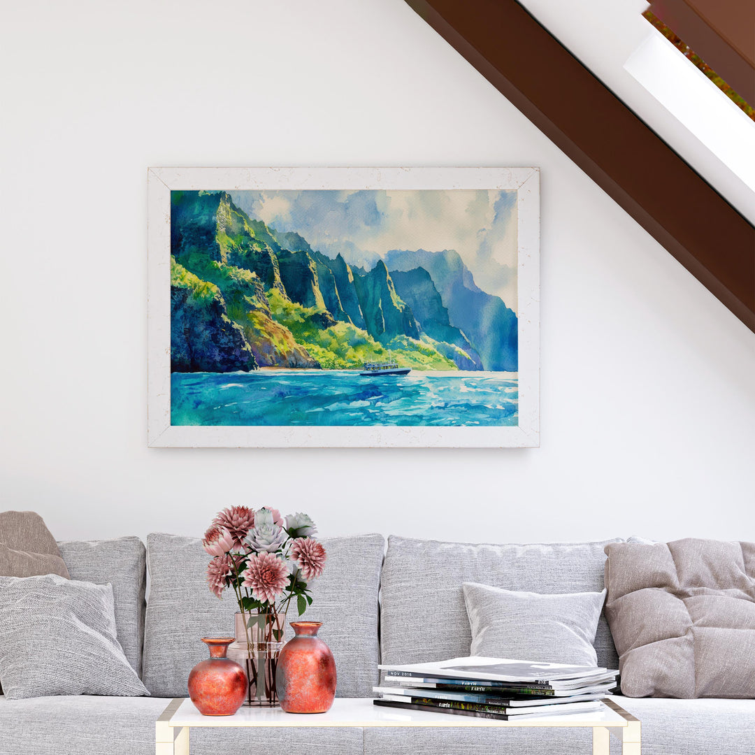 Nā Pali Coast Hawaii Watercolor Poster Kauai Travel Print Landscape Painting Coastal Wall Art Tropical Island Souvenir