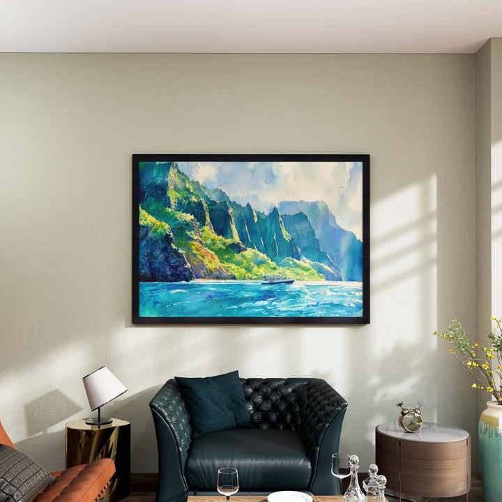 Nā Pali Coast Hawaii Watercolor Poster Kauai Travel Print Landscape Painting Coastal Wall Art Tropical Island Souvenir