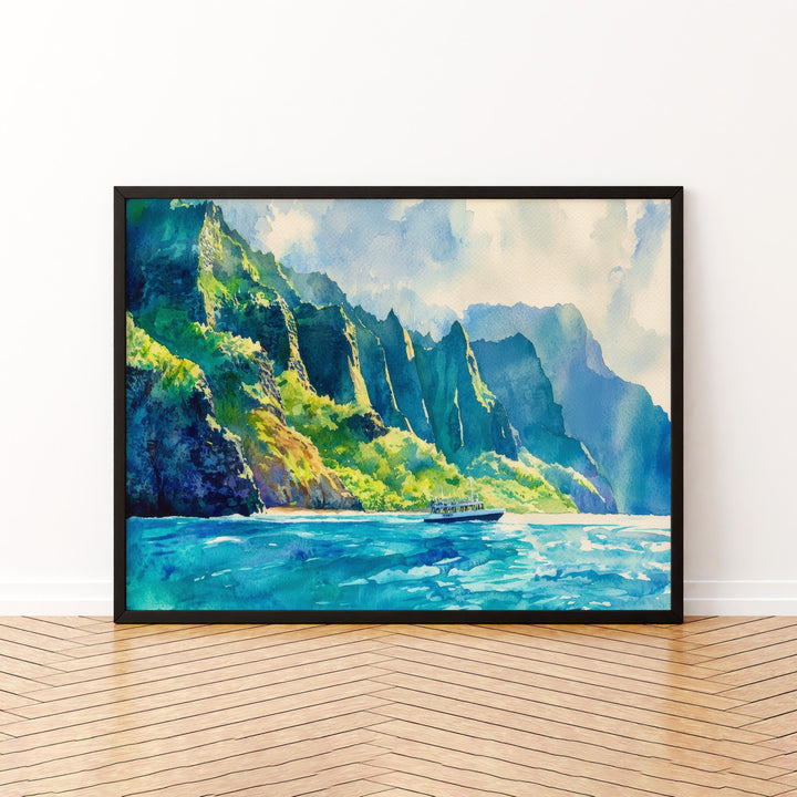 Nā Pali Coast Hawaii Watercolor Poster Kauai Travel Print Landscape Painting Coastal Wall Art Tropical Island Souvenir