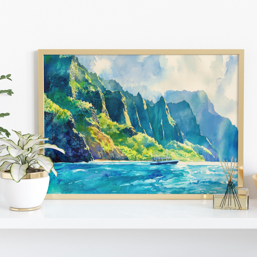 Nā Pali Coast Hawaii Watercolor Poster Kauai Travel Print Landscape Painting Coastal Wall Art Tropical Island Souvenir