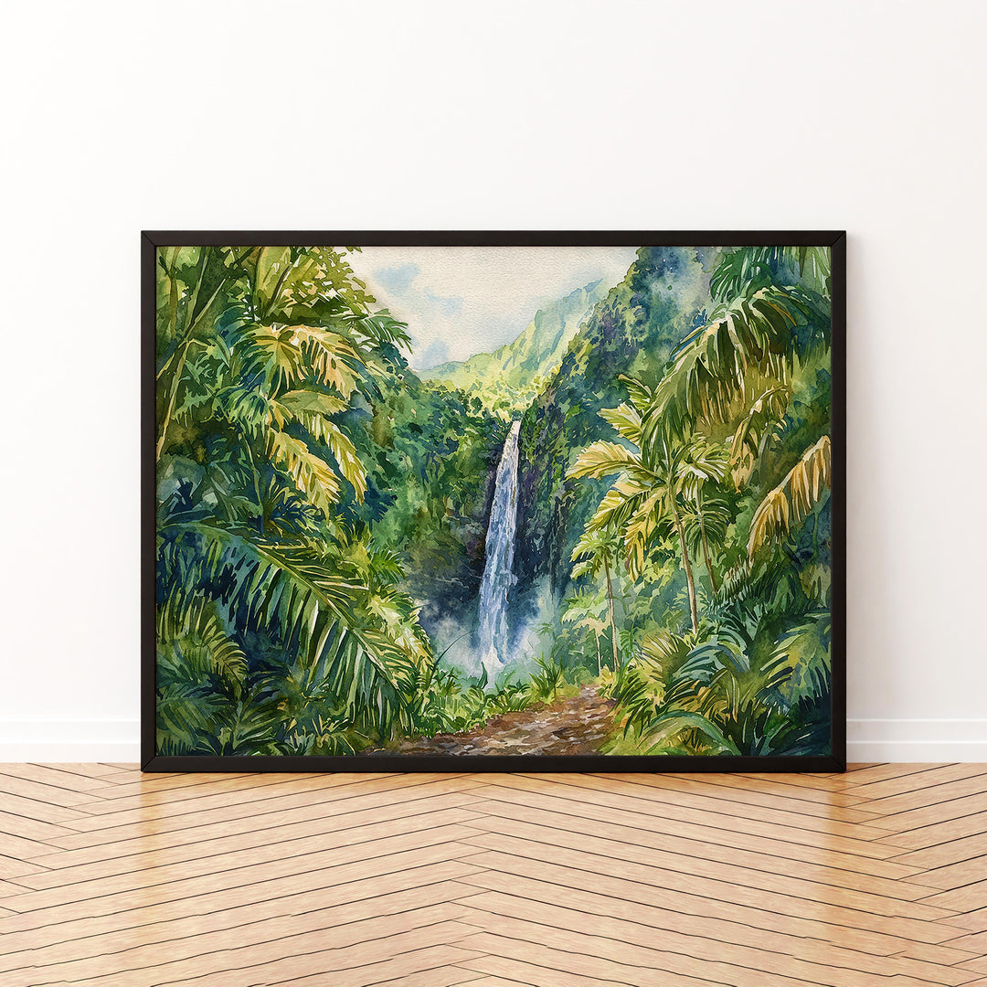 Manoa Falls Hawaii Watercolor Poster Oahu Travel Print Waterfall Landscape Painting Tropical Wall Art Island Souvenir