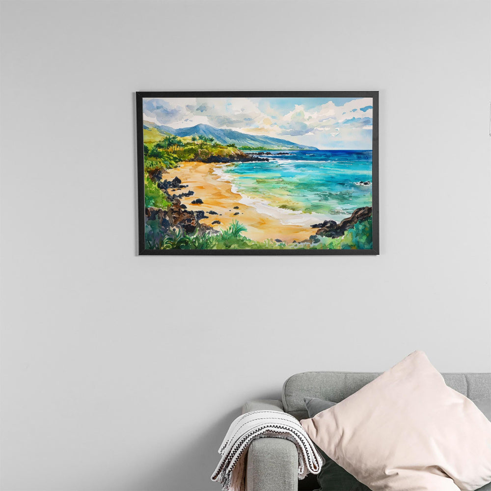 Makena Beach Hawaii Watercolor Poster Maui Travel Print Coastal Landscape Painting Tropical Wall Art Island Souvenir