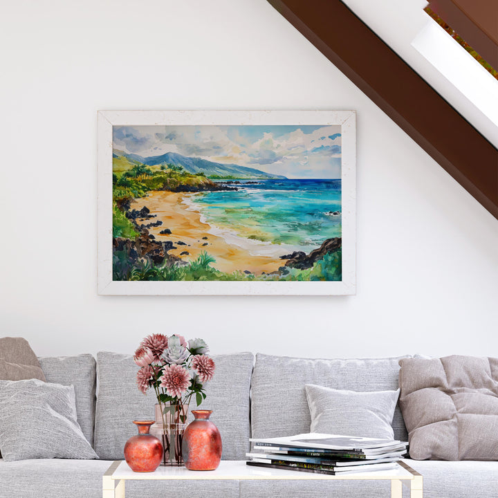 Makena Beach Hawaii Watercolor Poster Maui Travel Print Coastal Landscape Painting Tropical Wall Art Island Souvenir