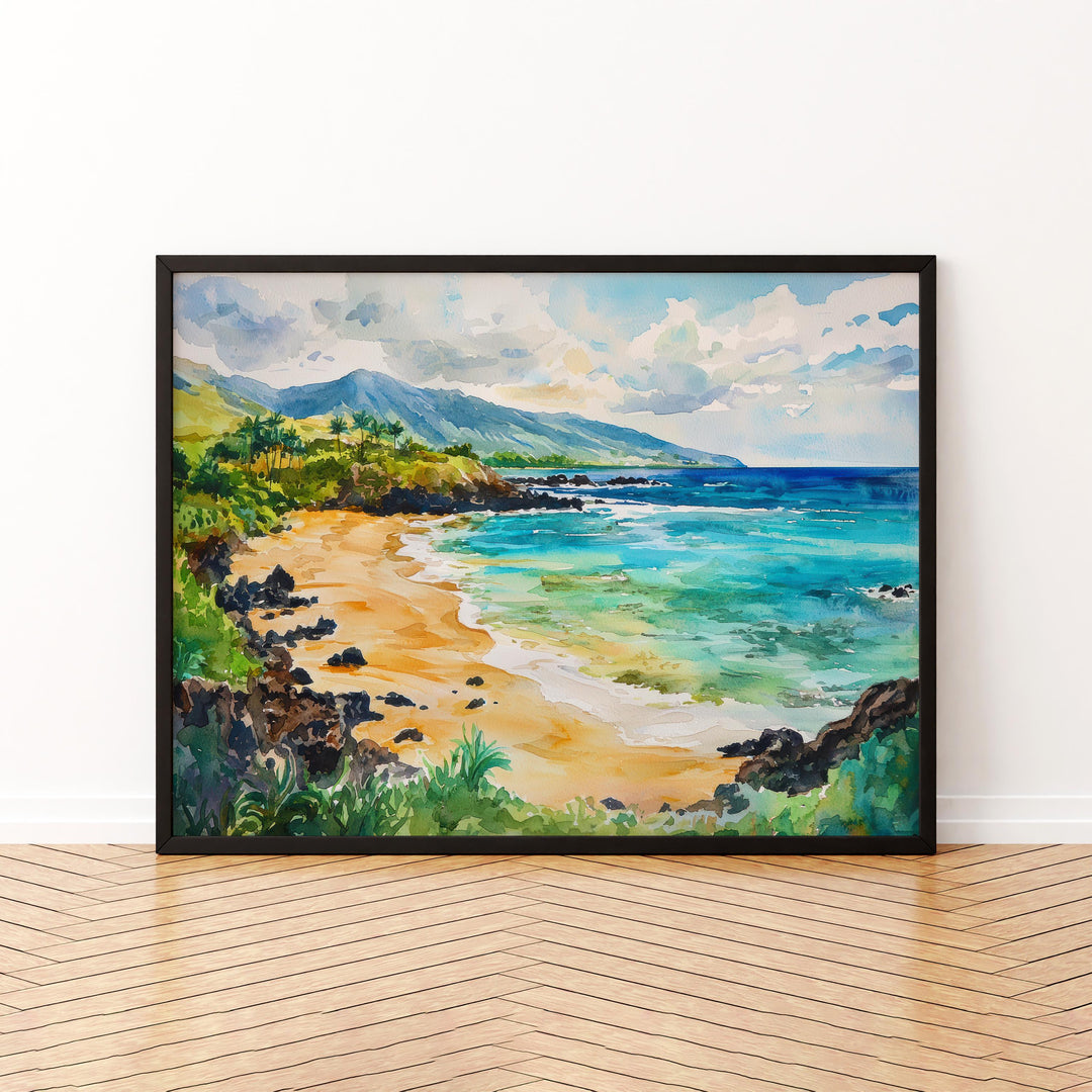 Makena Beach Hawaii Watercolor Poster Maui Travel Print Coastal Landscape Painting Tropical Wall Art Island Souvenir