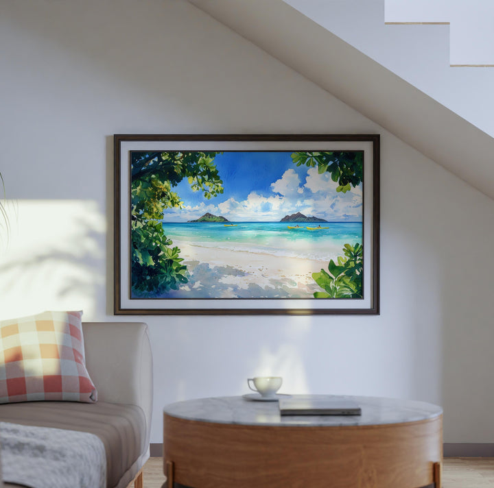 Lanikai Beach Hawaii Watercolor Poster Oahu Travel Print Coastal Landscape Painting Tropical Wall Art Island Souvenir