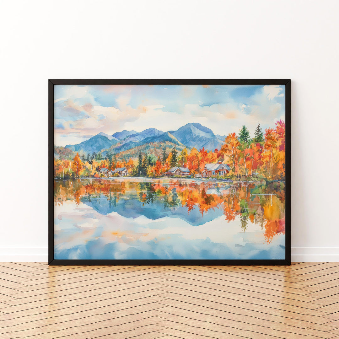 Lake Placid New York Watercolor Poster Adirondacks Travel Print Mountain Landscape Painting Wall Art Upstate Souvenir